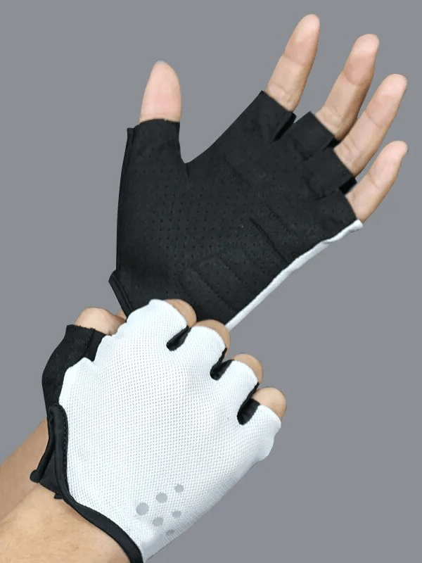 Breathable black and white mesh sports cycling half-finger gloves for unisex use, shown on hands, SF1563 model.